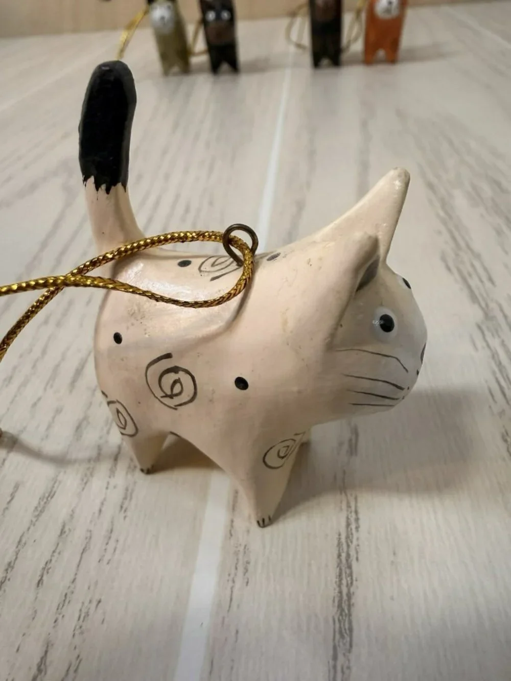 Set of 5 Handmade Hand Painted Wooden Cat Christmas Tree Ornaments Folk Art